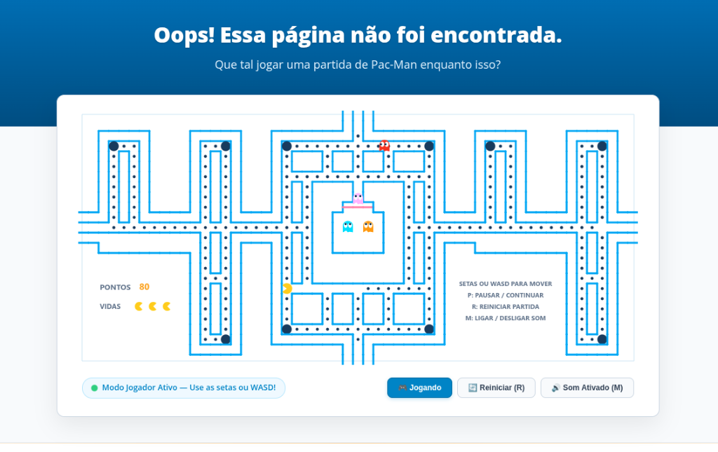 Página de Erro 404 com Jogo do Pac-Man